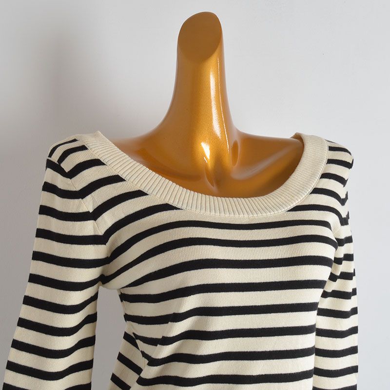 French style New Contrast Color Stripe U Collar Open Collarbone Pullover Knit Women Autumn and Winter Loose Bottoming Shirt Long sleeve Top