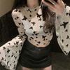Horn Sleeve Design Long Sleeved Mesh T-shirt Women's Summer Spicy Girl Butterfly Print Short Top