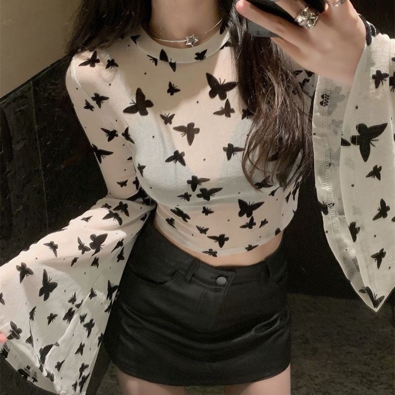Horn Sleeve Design Long Sleeved Mesh T-shirt Women's Summer Spicy Girl Butterfly Print Short Top