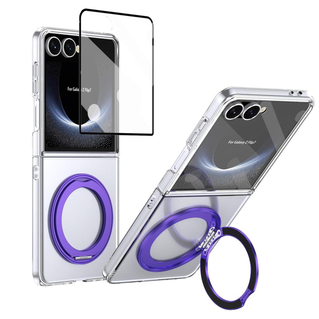 Metal Ring Stand Magetic Case for Samsung Galaxy Z Flip 8 7 6 5 4 with 360 Swivel Bracket Clear Cover Clear Glass Screen Protector