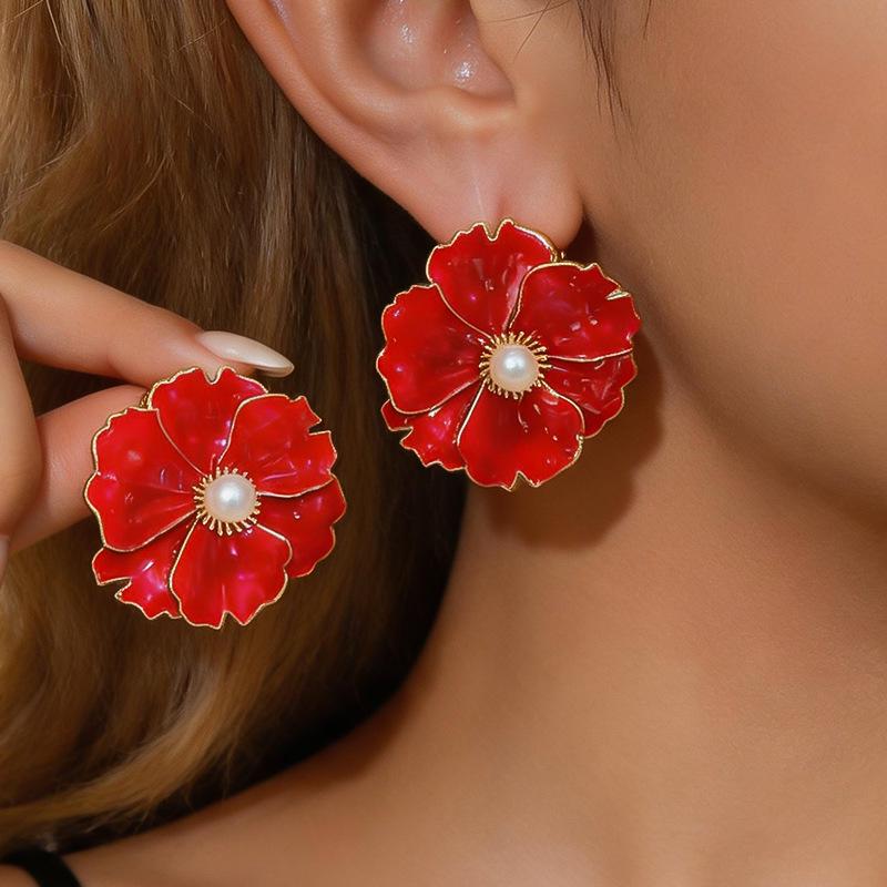 Silver Needle Pearl Flower Stud Earrings - Retro European Style with Drip Glaze Petals, Elegant Resort Style for Women