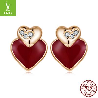 Orecchini a Bottone Vintage Bordo Vino Amore Stile Hong Kong Argento Sterling S925 Orecchini a Bottone Cuore Femminili
