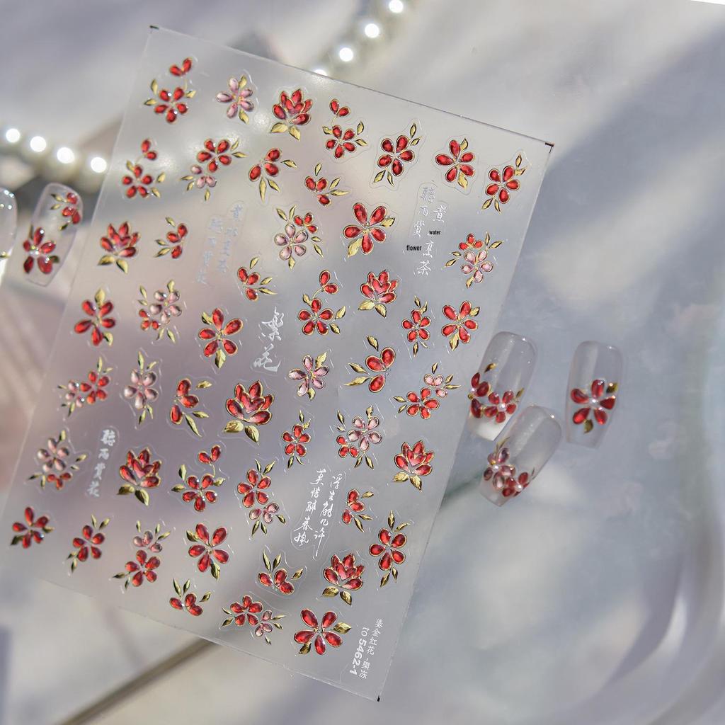 Tomoni Translucent Luxury Nail Stickers: Gold, Fruit, Red Flower, Leaf Designs
