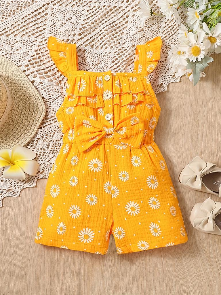 Summer Girls' One-piece Pants, Small and Fresh Frilled Short Pants, One-piece Dress for Little Kids, Casual and Refreshing Daisy Pants for Young Girls