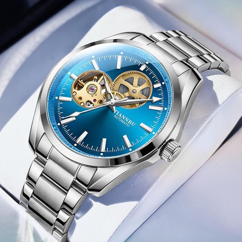 Gold Automatic Mechanical Watch for Men Luxury Skeleton Stainless Steel Waterproof Luminous Business Dress Wristwatch