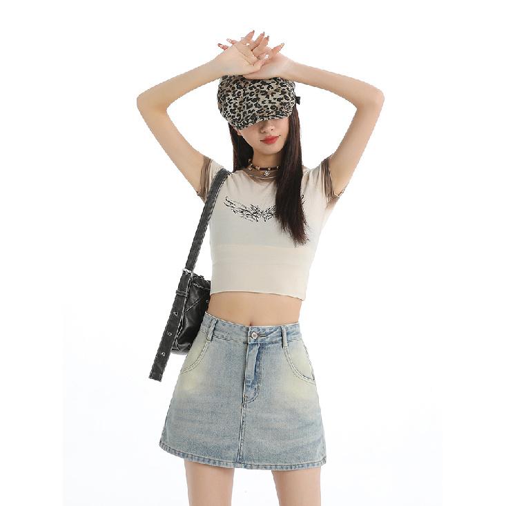 Blue Denim A- Line Mini Skirt Women'S High Waist Slimming Summer New Style Prevent Exposure Personality Wrap Around Short Skirt