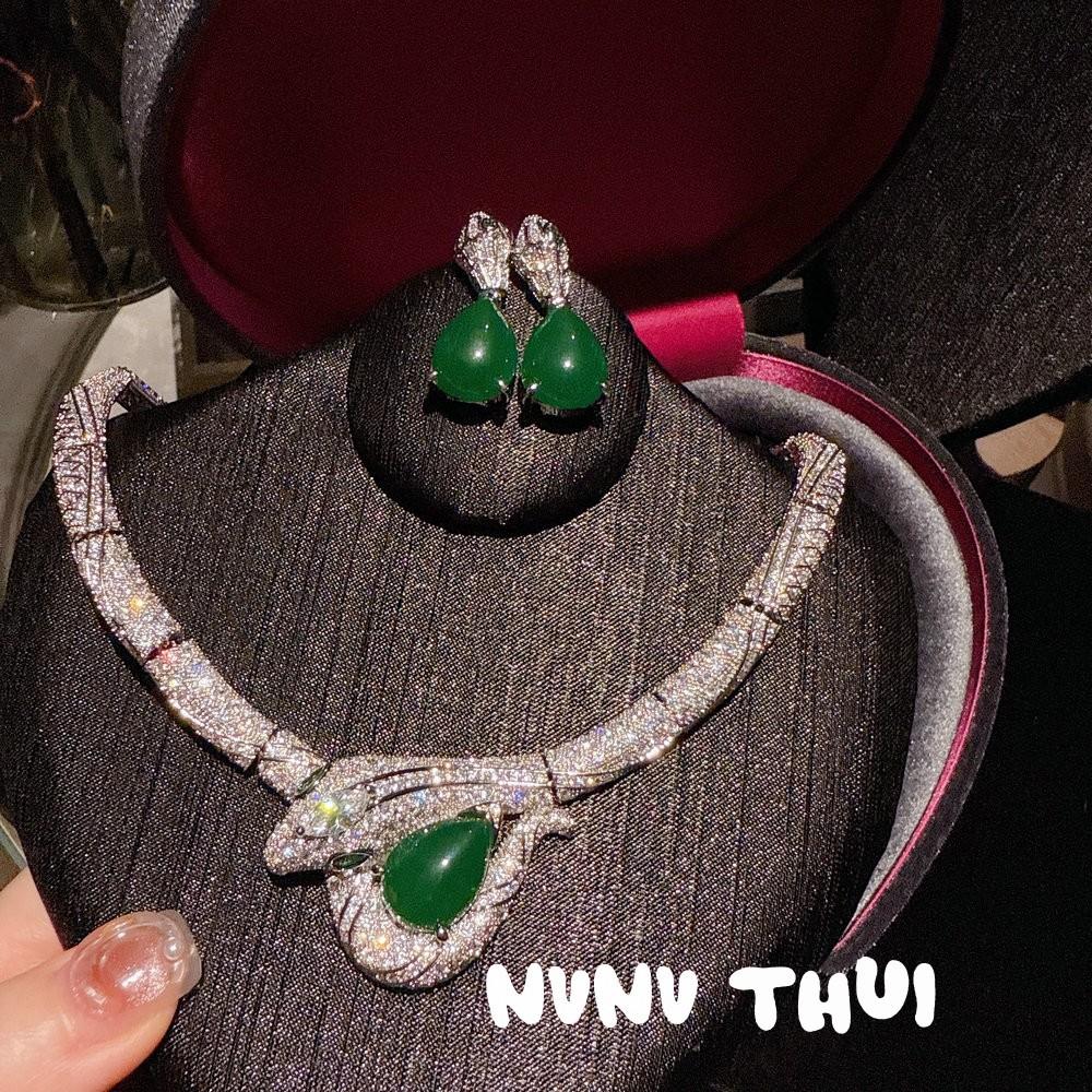 Jewelry, Luxury Serpentine Emerald Necklace, Wedding Dinner, Malachite Green Water Drop Snake Earrings, Set