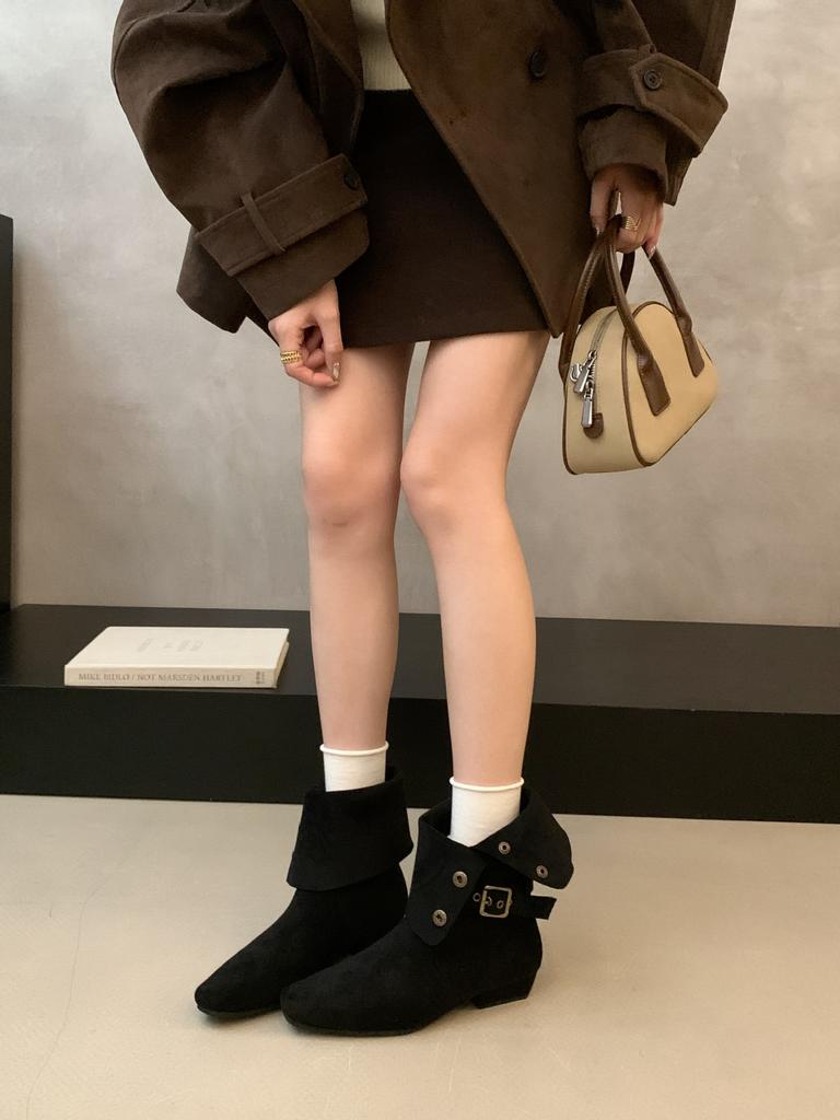 2025 Winter New Suede Low Tube Button Thick Heel Two Wear Low Tube Martin Fashion Women's Short Boots