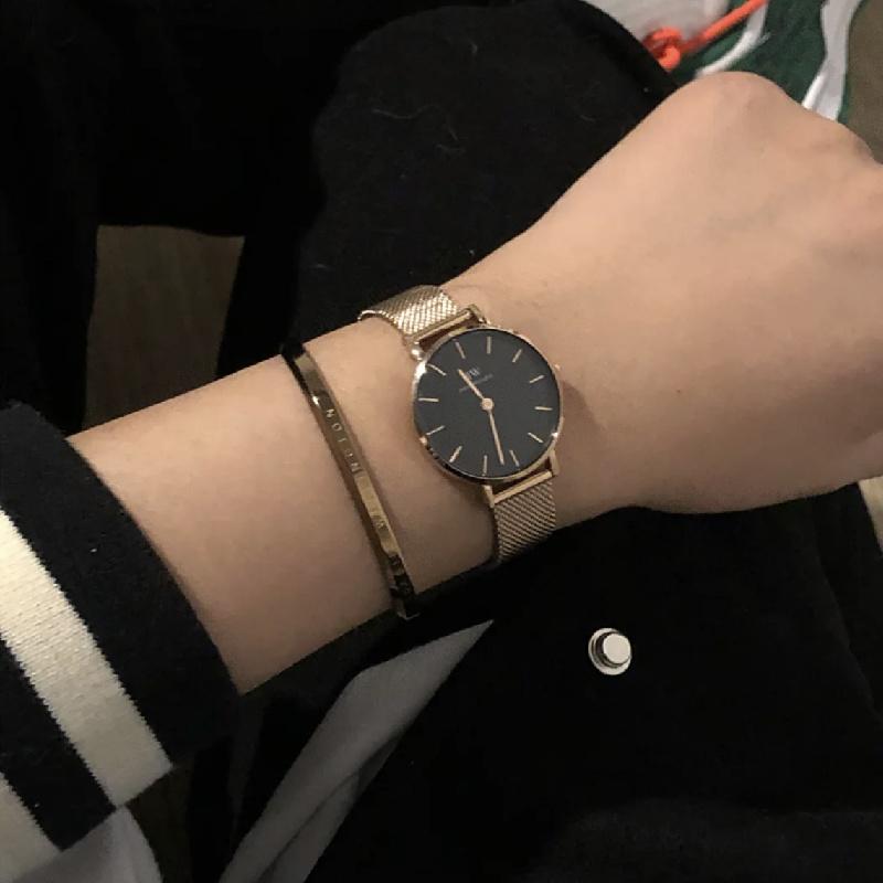 Daniel Wellington Watch PETITE series watch quartz movement 28mm black dial women's watch rose gold braided strap DW00100217