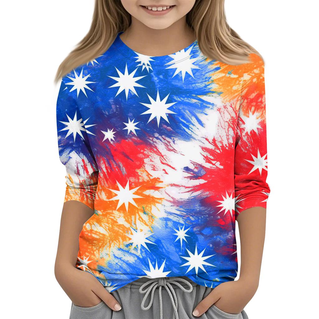 Print Tops For Youth Girls Round Neck 3/4 Sleeves T-Shirts Trendy Tops Outfit Tees Independence Day