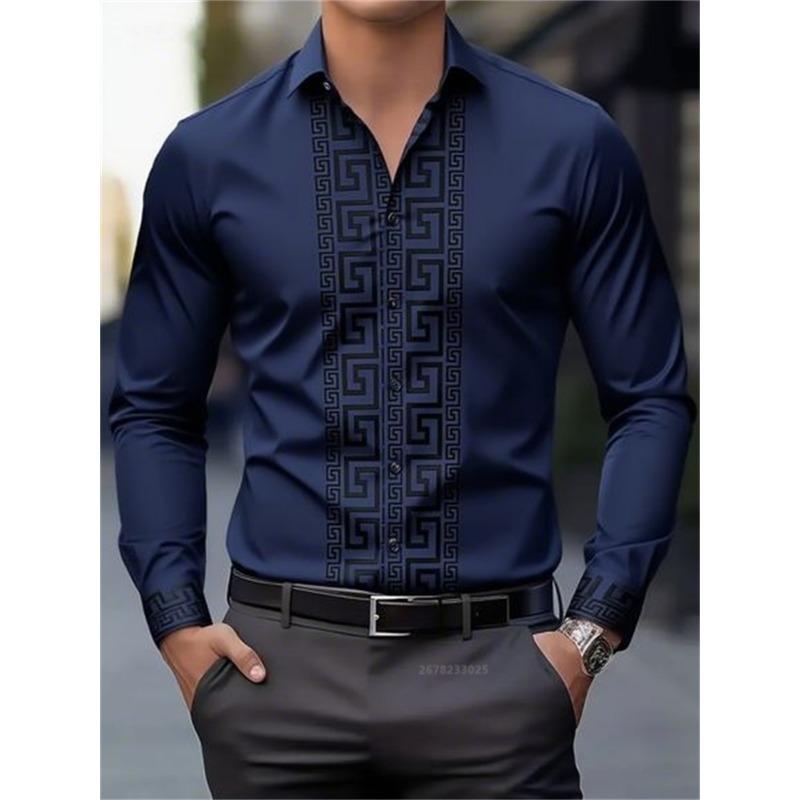 Men's Long-sleeved Shirt with Pattern Design, Fashionable Lapel Button-down Top, Versatile, Casual and Comfortable Men's Top