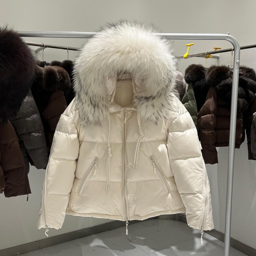 European winter new raccoon fur collar white duck down hooded down jacket women's short loose thickened warm jacket