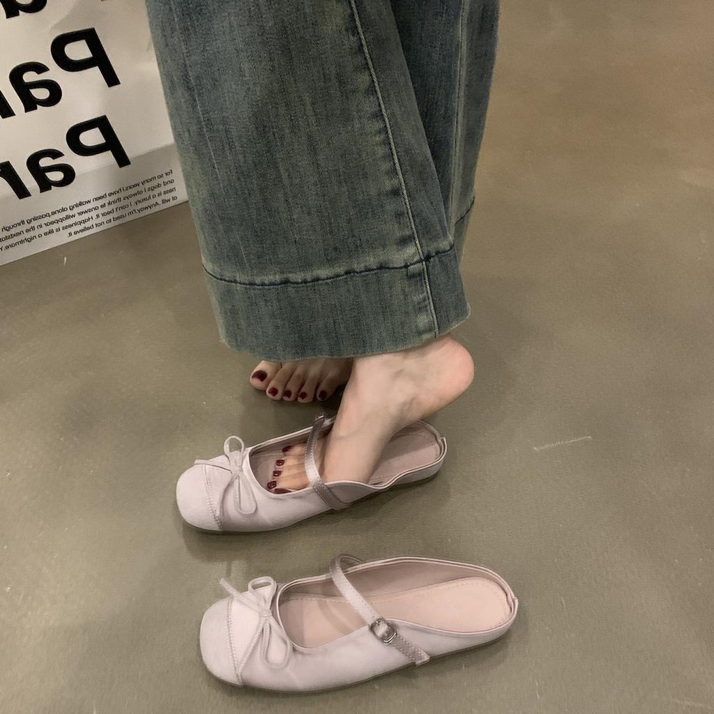 Bow Half Slippers Baotou Sandals Women's Shoes Inner Height Increase Early Spring Single Shoes