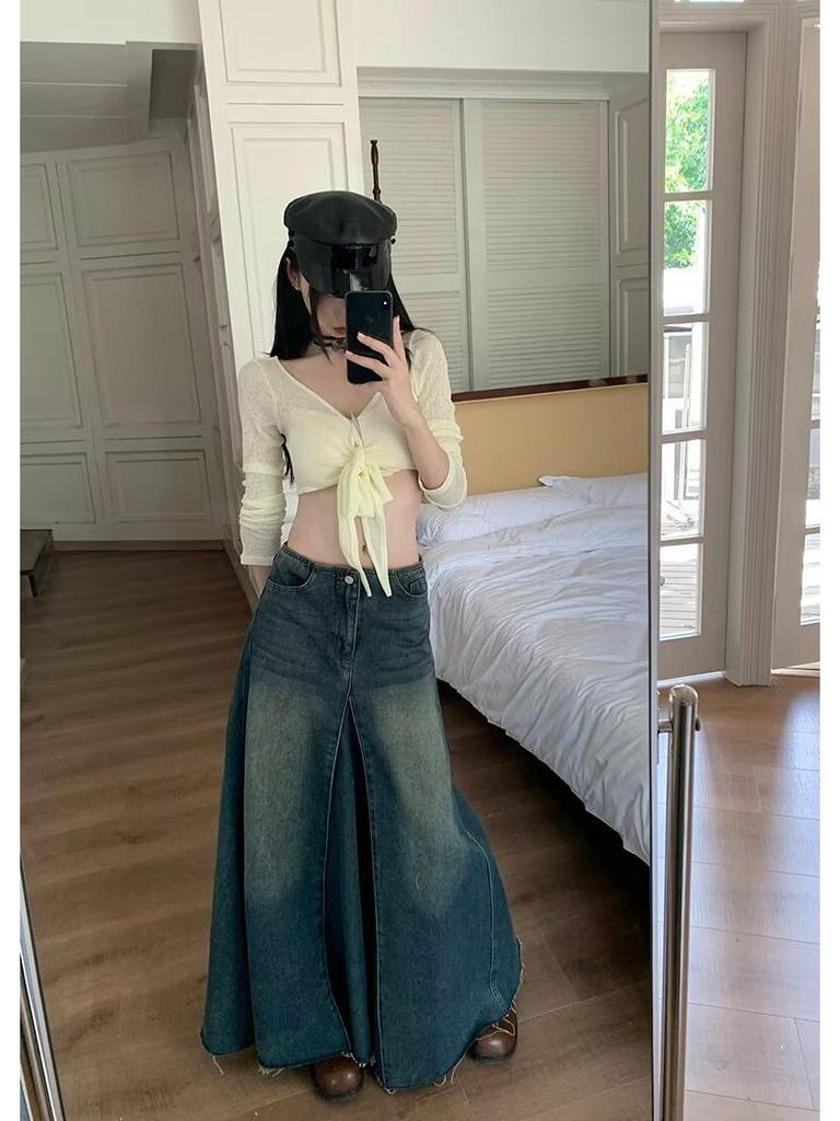 Women's High-Waist Summer 2024 Retro Washed Denim A-Line Skirt