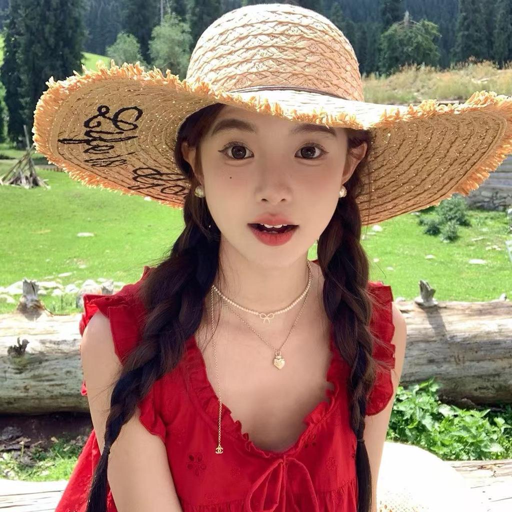 Summer bow raffia big brim straw hat women's new summer outdoor seaside beach sunshade sun hat