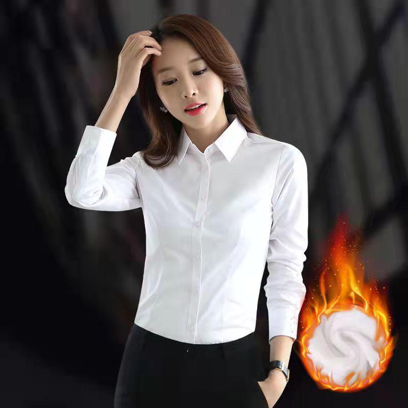 

Женская белая рубашка с длинным рукавом на флисовой подкладке - Корейский приталенный крой, теплая и утолщенная для осени/зимы. 2XL