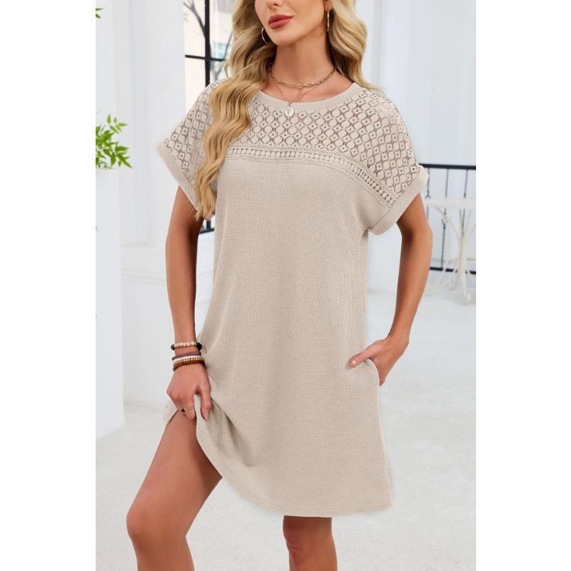 Spring/Summer Lace Splicing Loose Short Sleeve Dress New Solid Color Sweet A-line Dresses Round Neck Elegant Solid Color Casual Simple Party Clothing