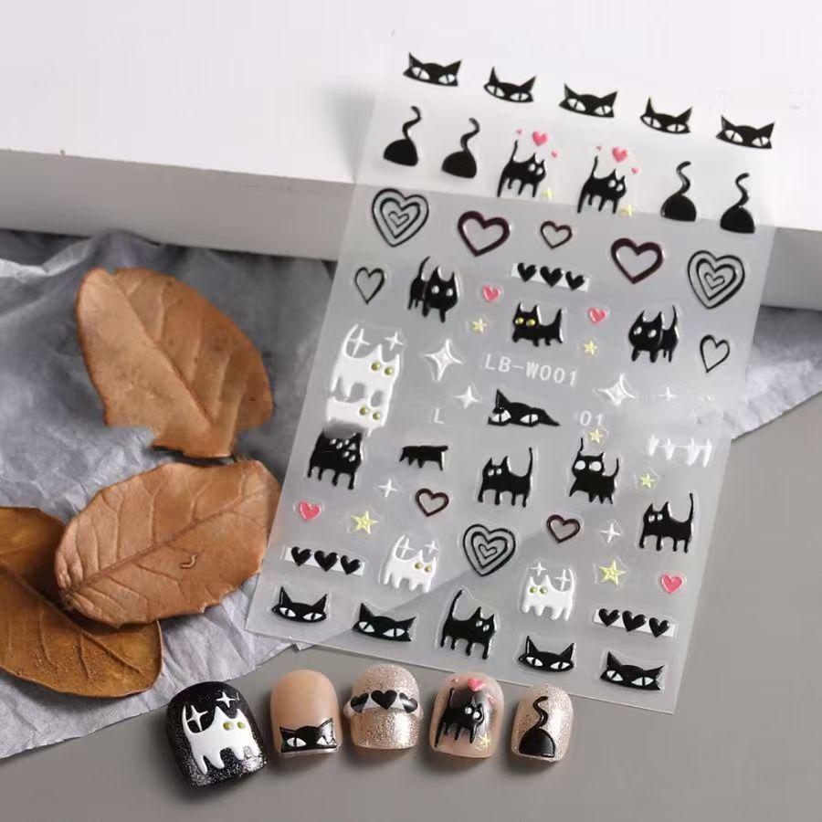 3D Cute Cartoon Cat & Dog Nail Stickers with Hearts & Childlike Patterns