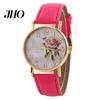 Women Arabic Number Rose Flower Round Dial Faux Leather Band Quartz Wrist Watch