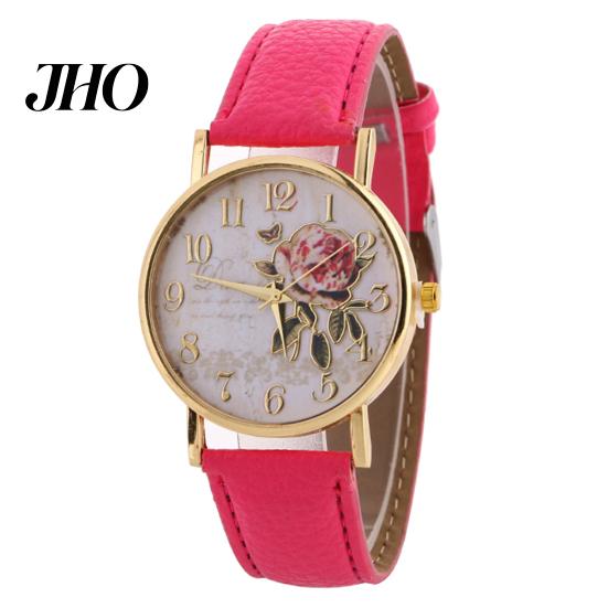 Women Arabic Number Rose Flower Round Dial Faux Leather Band Quartz Wrist Watch