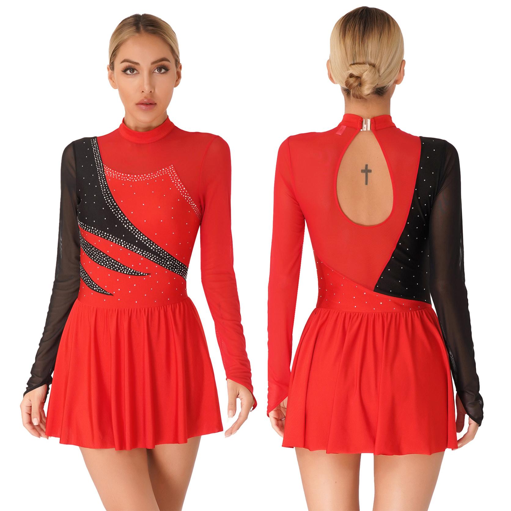 

Женский блестящий купальник со стразами и вырезом на спине, балетный купальник, лирический костюм для фигурного катания, танцевальный костюм, нарядное платье S красный