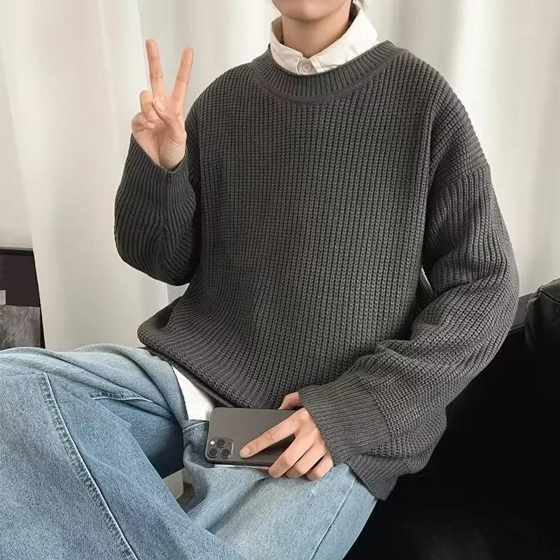 Autumn Crew Neck Solid Color Pullover Sweaters for Men Casual Y2K Knitted Sweater High Street Fashion Jumpers Hombre
