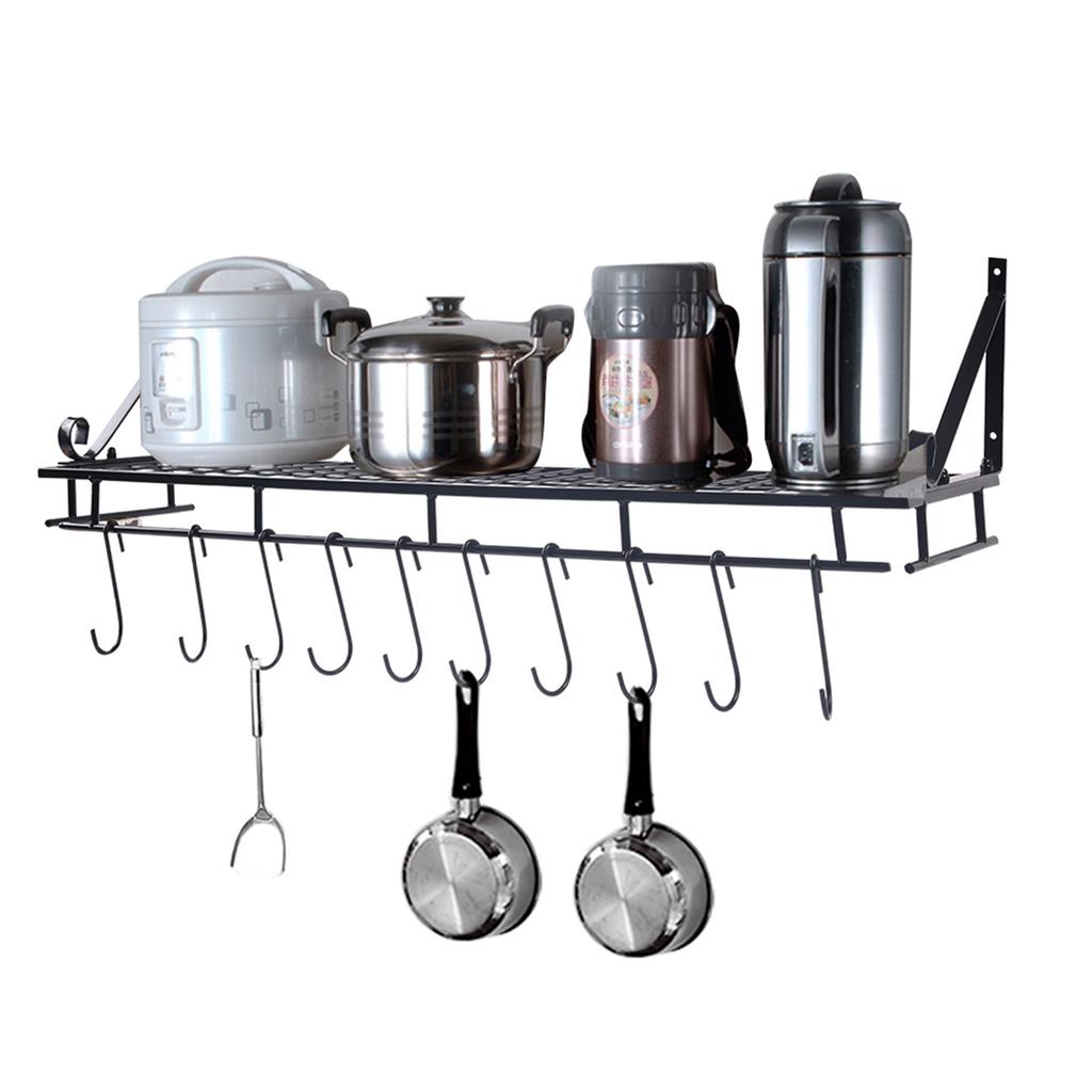 Metal Hanging Pan Pot Rack Wall Mounted with 10 Hook Holders Kitchen Storage Organizer