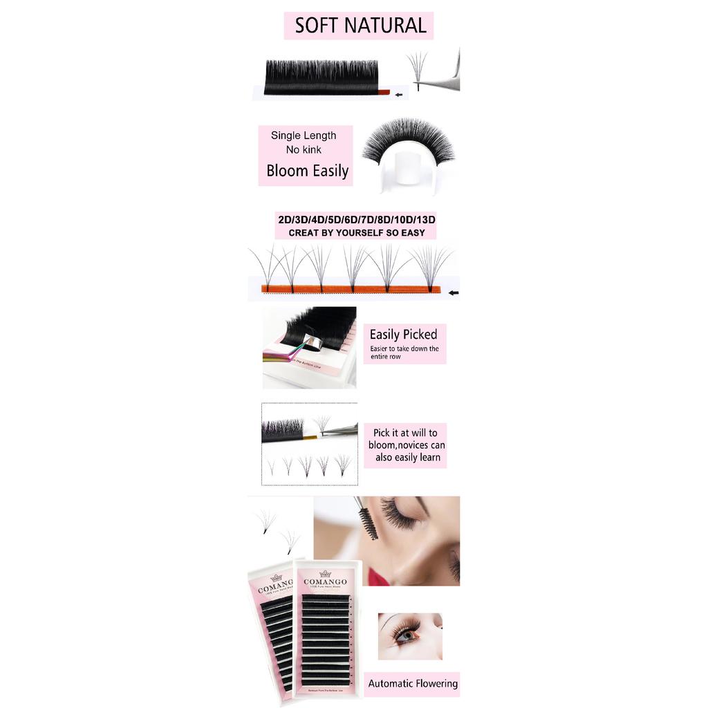 CoMango 0.03-0.10mm Matte Dark Black Easy Fan Lashes Volume Extension Mega Eyelashes Blooming Fans Eyelash Extension Cilios
