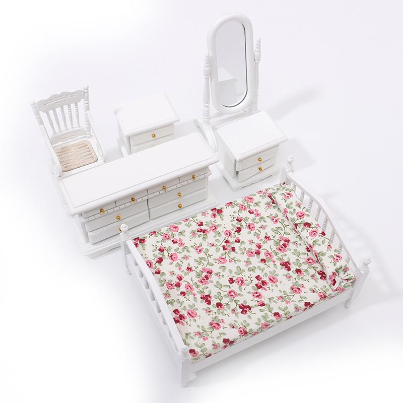 6Pcs 1:12 Dollhouse Miniature White Wooden Bedroom Furniture Set Doll House