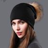 Cappello da donna in maglia a doppio strato, autunno inverno, caldo e versatile, con pelliccia di procione, tinta unita