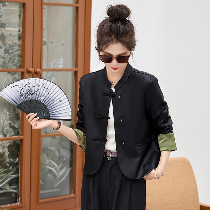 New Chinese Style Leather Jacket for Women Spring New Style National Style Buckle Design Temperament Slimming Short Top