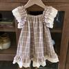 Jenny Children's Clothing Baby Clothes Summer Plaid One-piece Romper Girl Baby Lace Small Flying Sleeve Vest Climbing Clothing