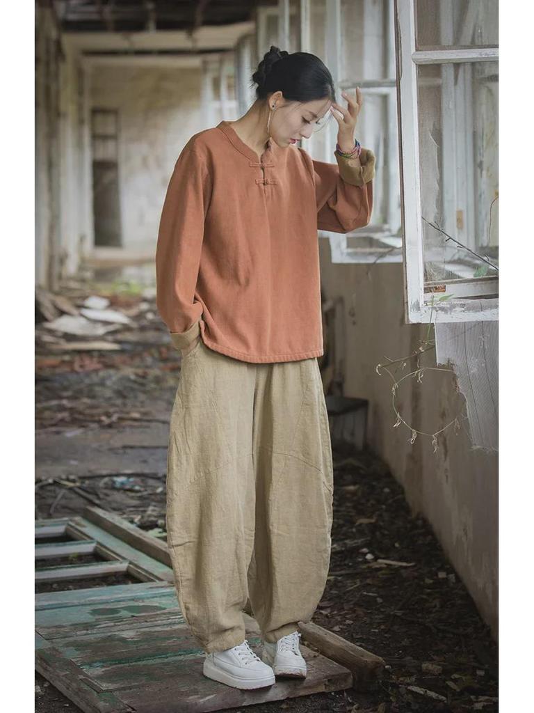 Dámská retro umělecká košile z bavlny a lnu: Jaro/Léto, S plusovým sametem, Tričko na knoflíky