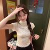 Splicing lace hem polka dot front shoulder crew neck short sleeve summer fresh age reduction versatile small top T-shirt ins