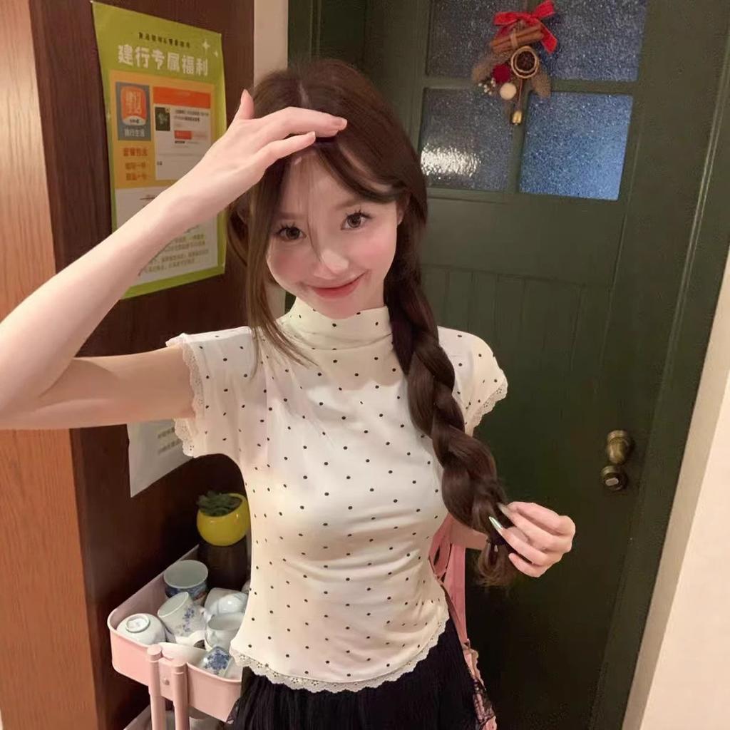 Splicing lace hem polka dot front shoulder crew neck short sleeve summer fresh age reduction versatile small top T-shirt ins