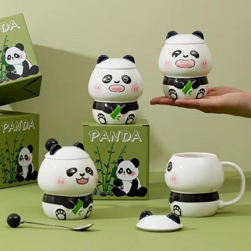 Geprägter Panda Keramikbecher mit Deckel und Löffel