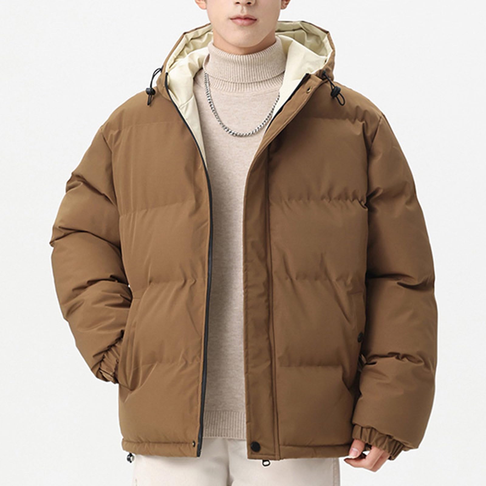 

Мужская однотонная повседневная куртка с капюшоном и хлопковой подкладкой, утолщенная теплая и ветрозащитная куртка на молнии XL кофейный