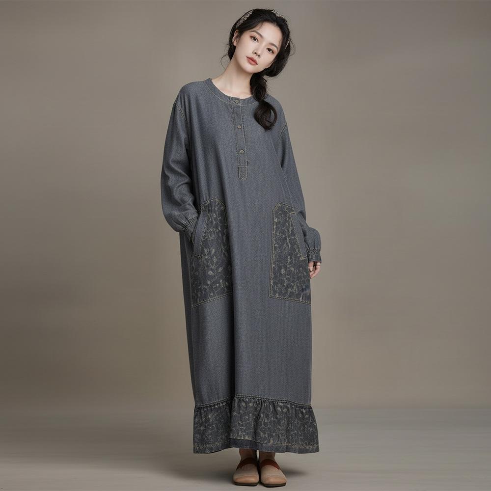 Johnature Women Vintage Dress Spring O-Neck Long Sleeve Patchwork Pockets Button Female Dresses