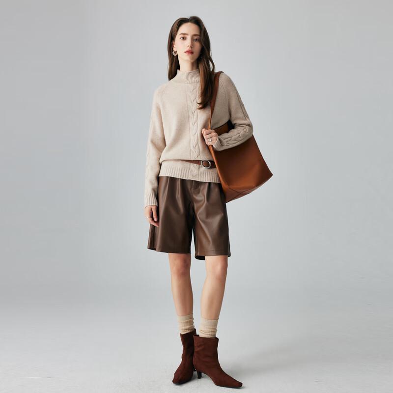 Paluo 2025 Autumn/Winter Women's 100% Cashmere Semi-High Collar 3D Cable Knit Sweater