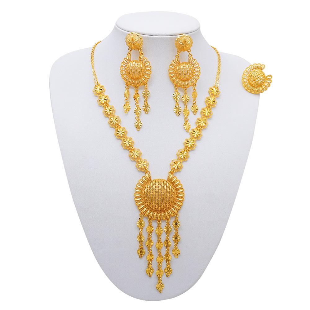 Dubai 24K Gold Plated Jewelry Set Butterfly Necklace Earrings Bracelet Ring Set Tassel Pendant