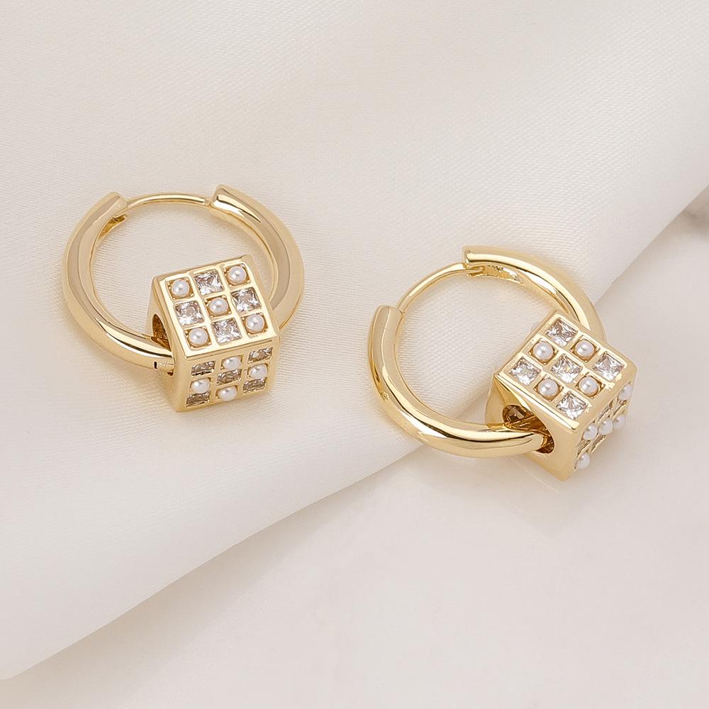 Diamond-Studded Rubik's Cube Earrings - Geometric Korean Design, Luxury Women’s Niche Accessory