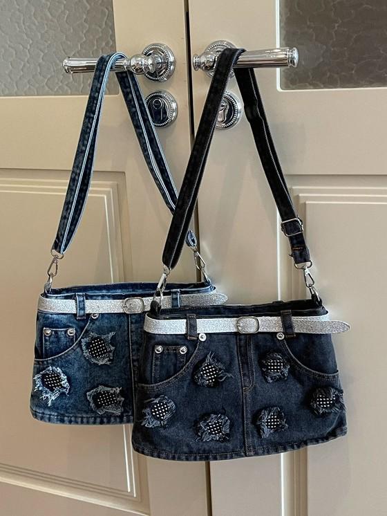 Cross-border Tassel Patchwork Denim Crossbody Bag - Trendy Single Shoulder Skirt Bag for Work or School.