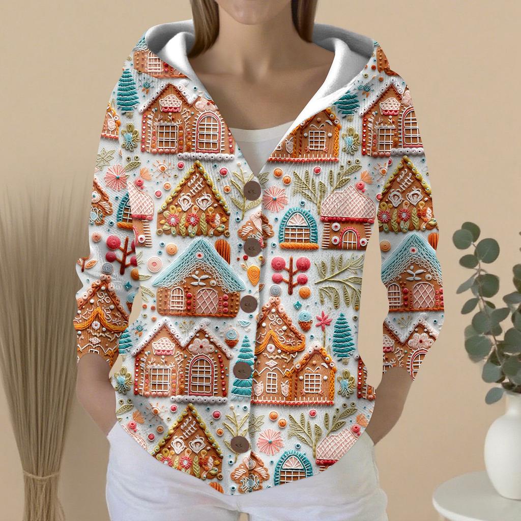 Women's Fashion Casual Sweater Button-Up Print Cardigan  Hooded Jacket