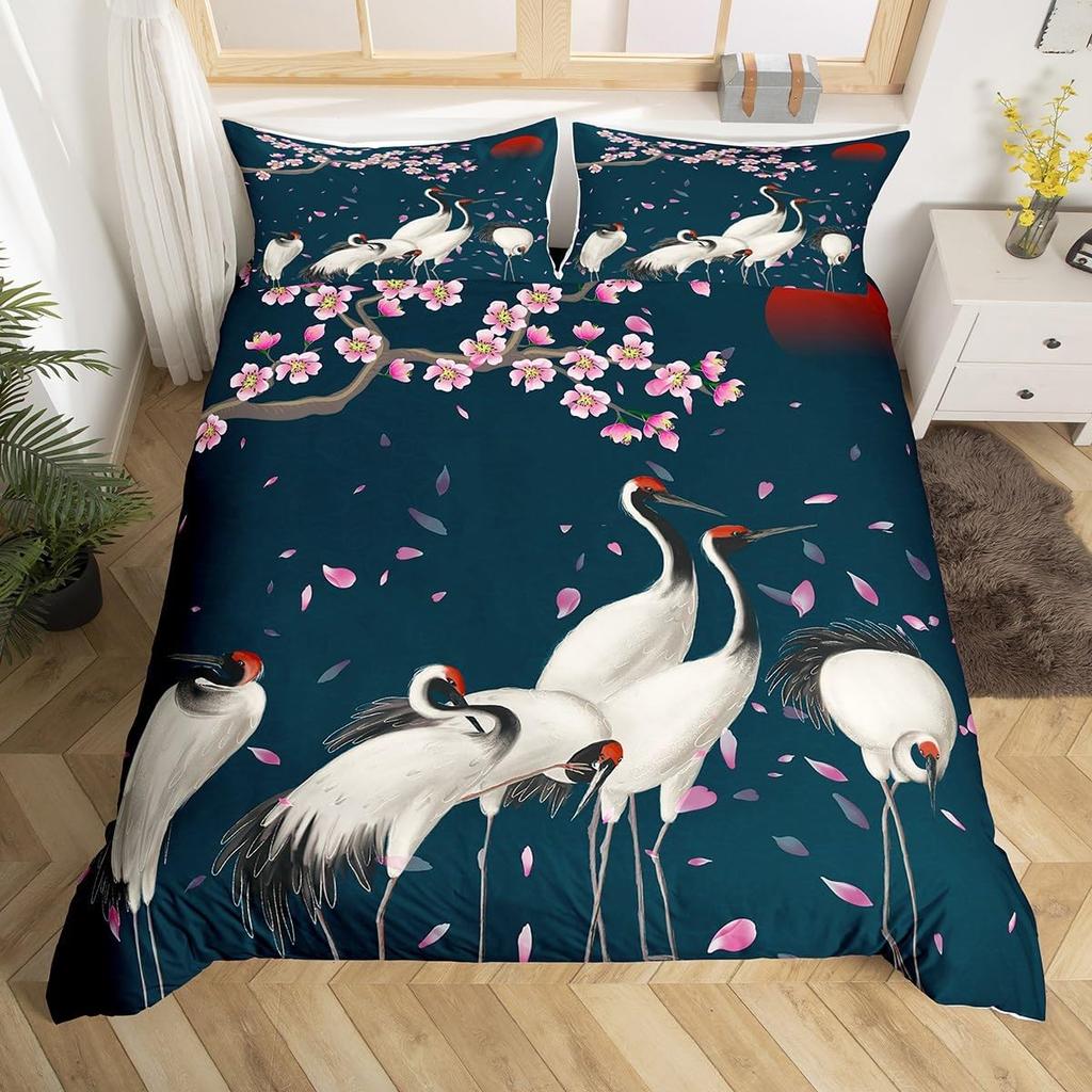 Crane Duvet Cover Twin King Traditional Chinese Style Painting Quilt Cover Chrysanthemum Flower Floral Bedding Set For Dorm Room
