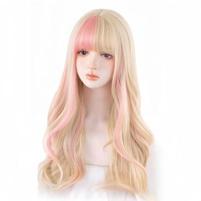 RyuuCos Lolita Perücke Langes Haar Lockiger Pony Gold Rosa Perücke Cosplay Milchgold Rosa Highlights Natürlich Harajuku Cosplay Hitzebeständig Verkleidung Kostüm Geschenk