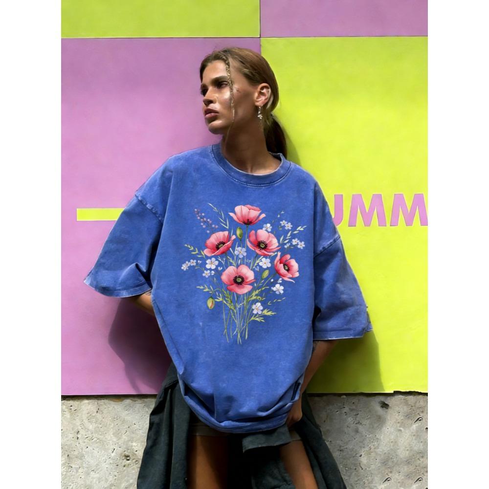 Mooie Waterverf Bloemen Gedrukt Gewassen T-shirt Dames Zomerlos T-shirt Straat Korte Mouwen Katoenen Kleding