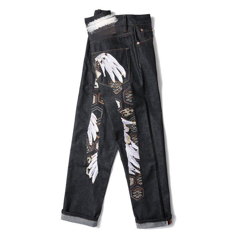 RogueWave New Japanese Hipster Retro Hip-hop Fashion Print Jeans High Street Leisure Slim Straight Embroidery Y2k Print Stitching Trousers