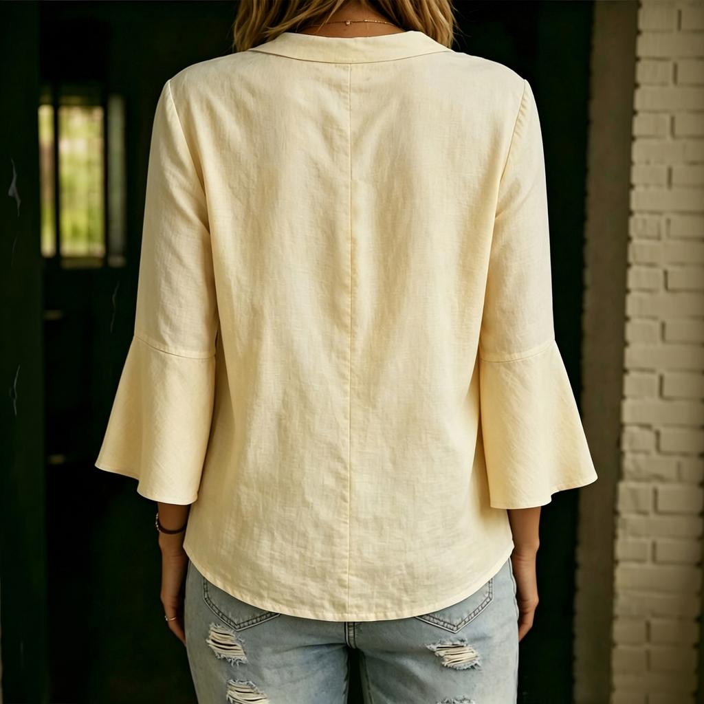 Damen Bluse mit Glockenärmeln, V-Ausschnitt, Bindung vorne und asymmetrischem Saum, Lässiges Baumwoll-Leinen Top