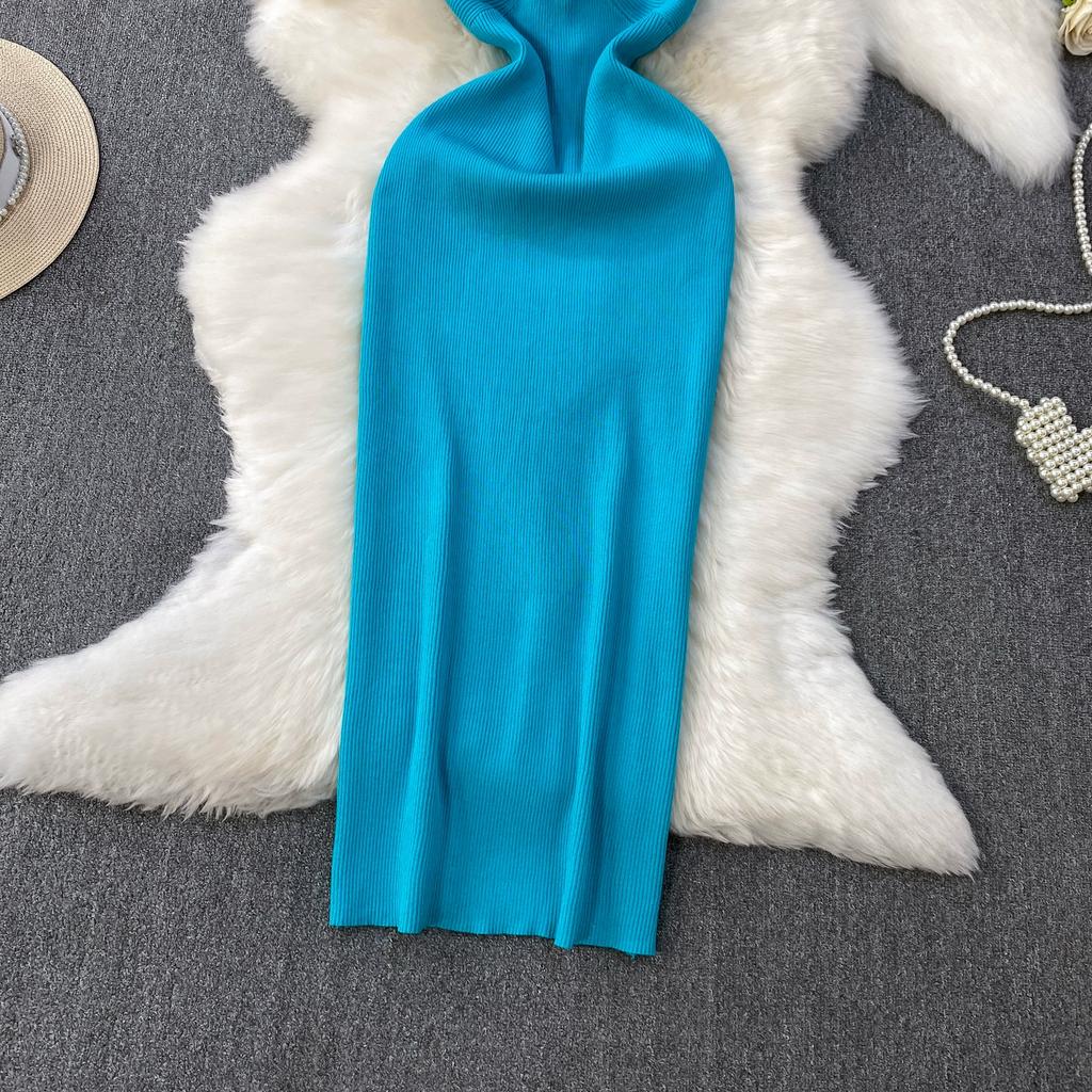 Summer Women Sexy Spaghetti Strap Knitted Sweater Long Midi Home Chic Sheath Dresses