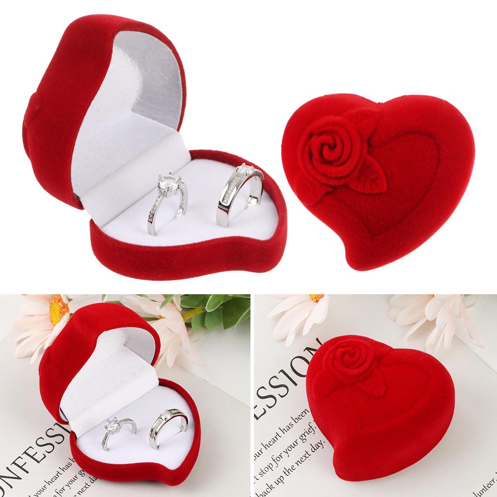 Heart Shape Exquisite Ring Display Box Red Rose Double Ring Storage Box Velvet Jewelry Box